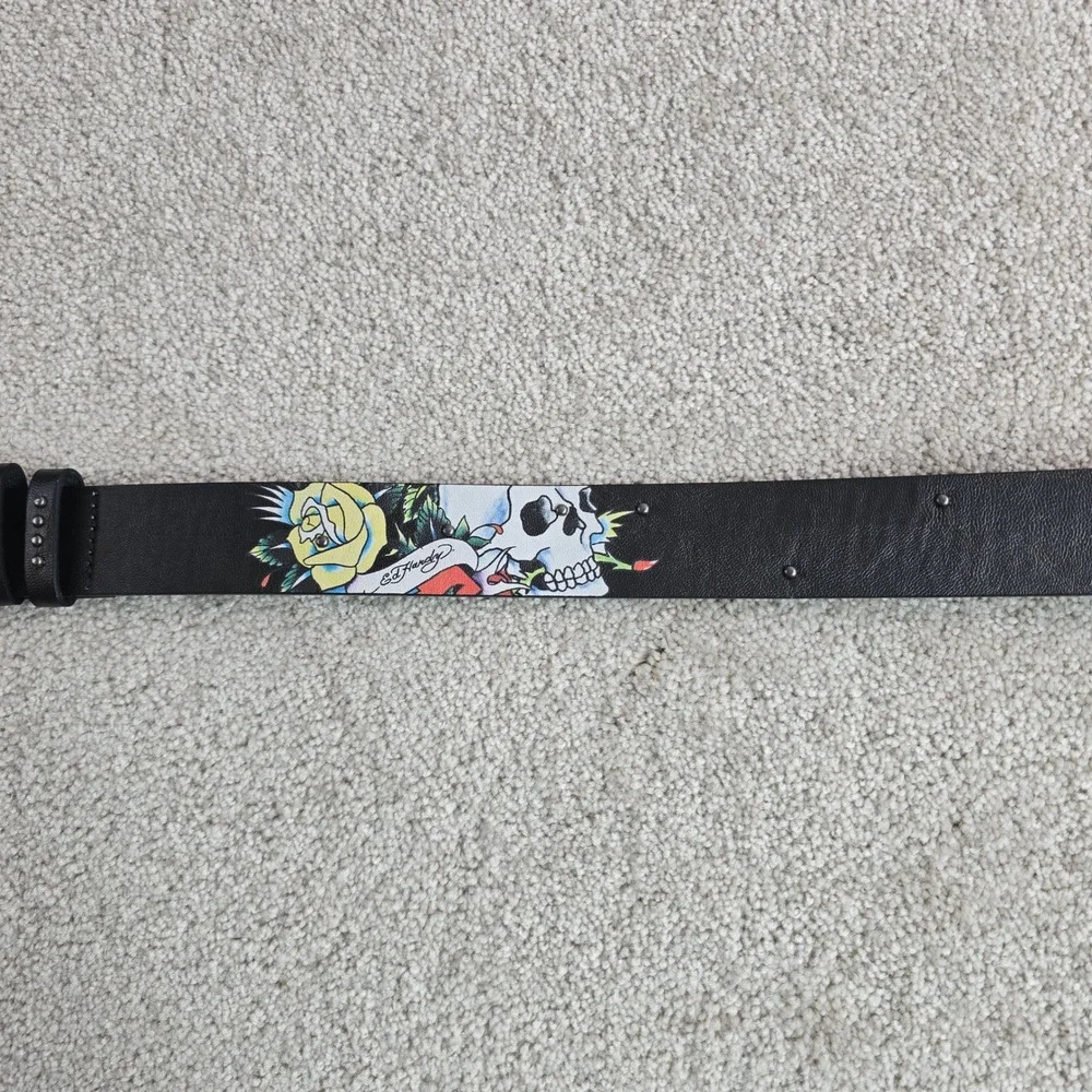 Ed Hardy Mens Black Bonded Leather Tattoo Graphic Belt Skull Rose Size 32 New